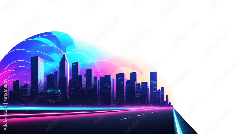 Photo of a vibrant city skyline with colorful neon lights against a clean white backdrop