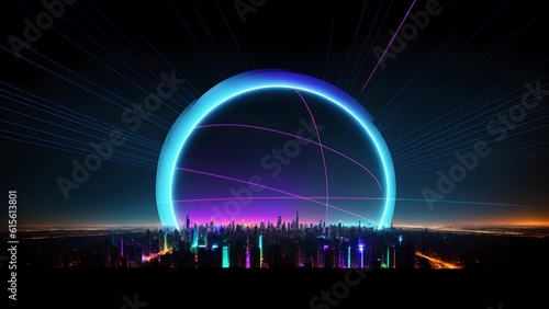 Photo of a vibrant neon circular sculpture with city skyline in the background © Usman