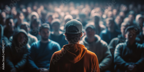 In the backdrop, there are many people listening and a young man in a hoodie is in front of the crowd in the auditorium.