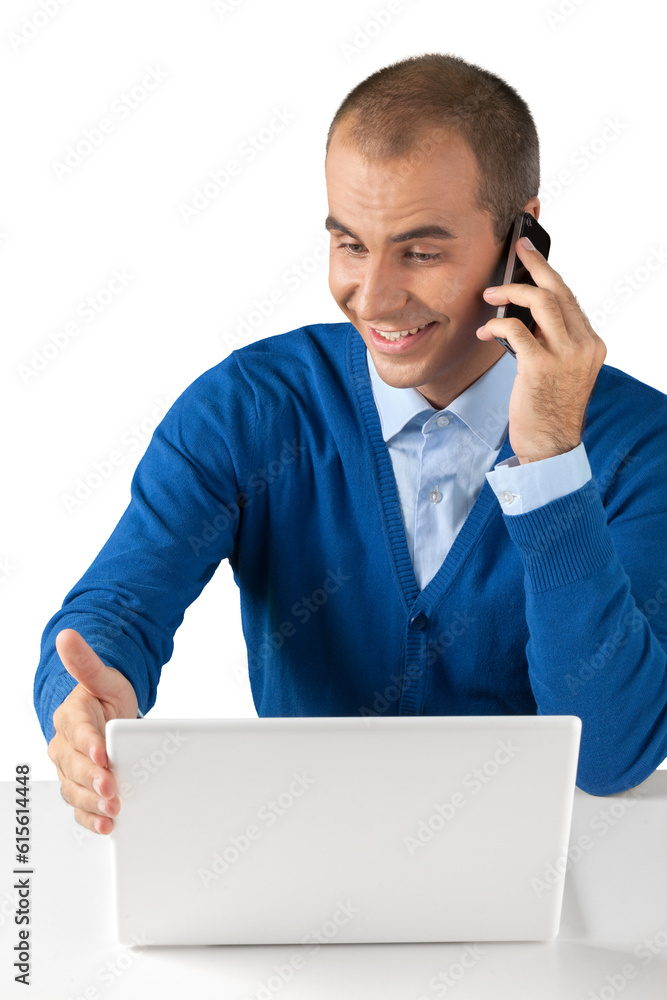 Portrait of a Confident Businessman Working with Laptop and Talking on the Phone Portrait of a Confident Businessman Working with Laptop and Talking on the Phone