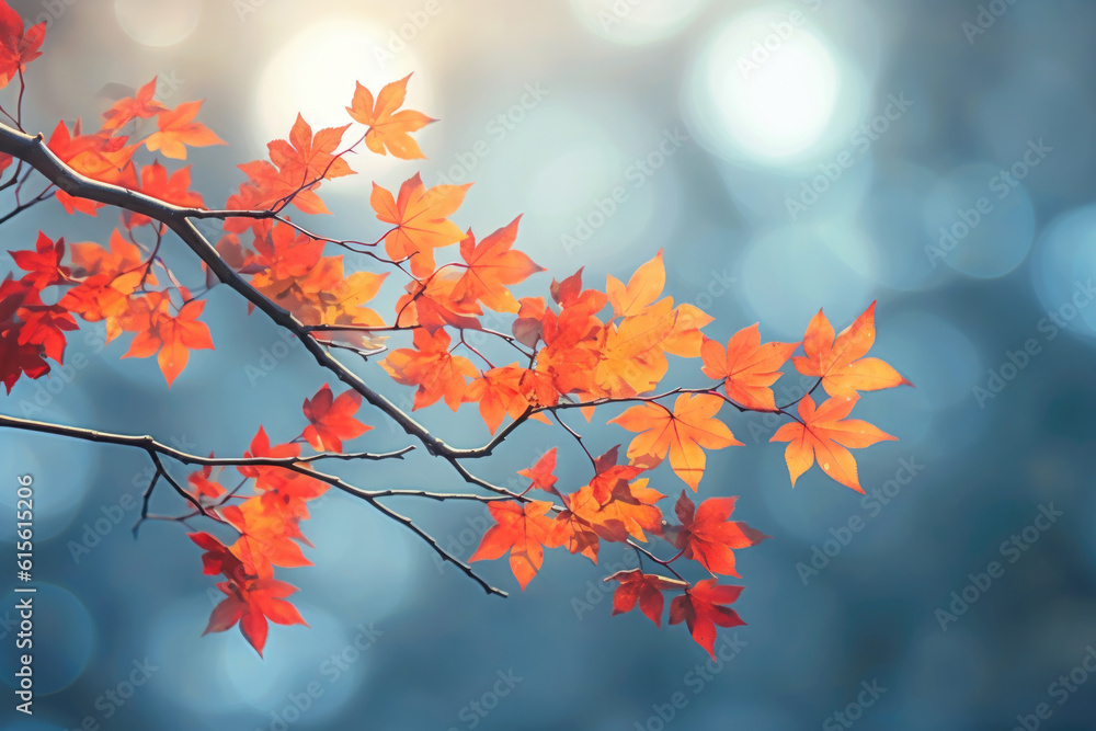 Yellow and orange leafs on blue background, autumn Generative AI Yellow and orange leafs on blue background, autumn Generative AI