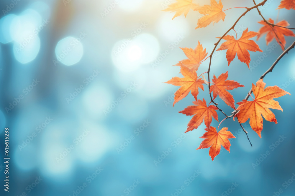 Yellow and orange leafs on blue background, autumn Generative AI Yellow and orange leafs on blue background, autumn Generative AI