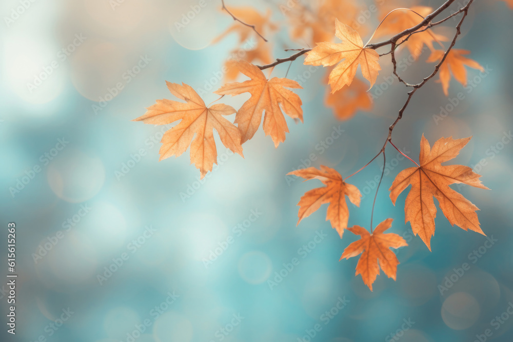 Yellow and orange leafs on blue background, autumn Generative AI Yellow and orange leafs on blue background, autumn Generative AI