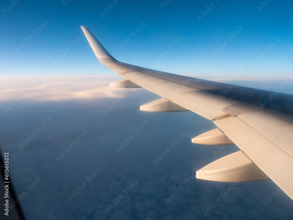Obraz premium View from passenger window of wing of airplane flying in sky on sunny day. Concept of successful travel