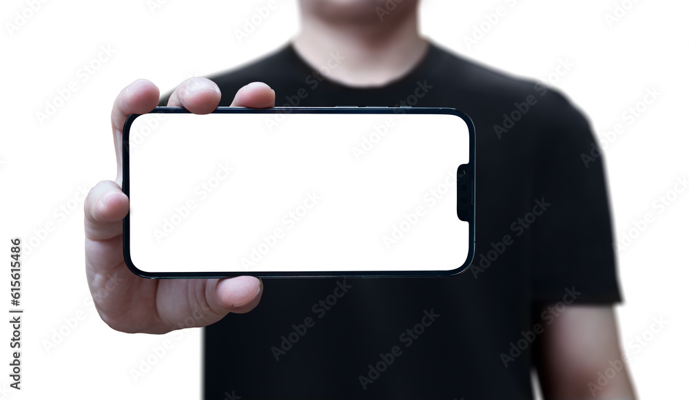 Fototapeta premium cell phone in hand held horizontally with png transparent background