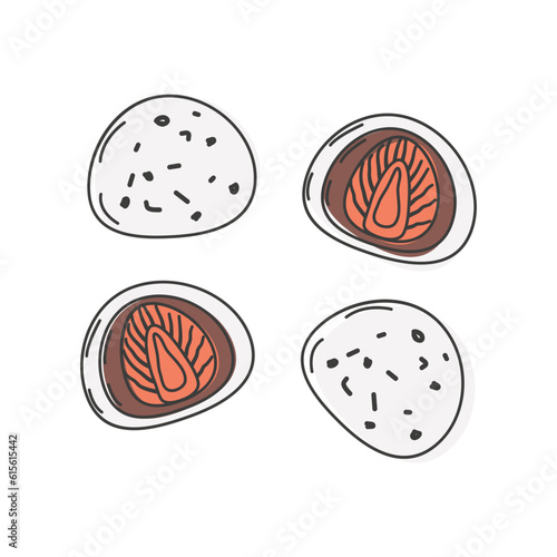 Asian street food. Fast food. daifuku mochi sweets filling chocolate fresh fruit. Duddle style. Menu design of a restaurant, cafe, diner. Vector illustration. photo