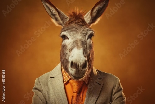 Anthropomorphic donkey dressed in a suit like a businessman. Business Concept. AI generated, human enhanced.