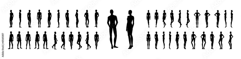 Silhouette of Women and men set body standing and walking fashion Illustration. Flat male and female character collection front, back view boy, girl. Human slim lady Gentlemen infographic template