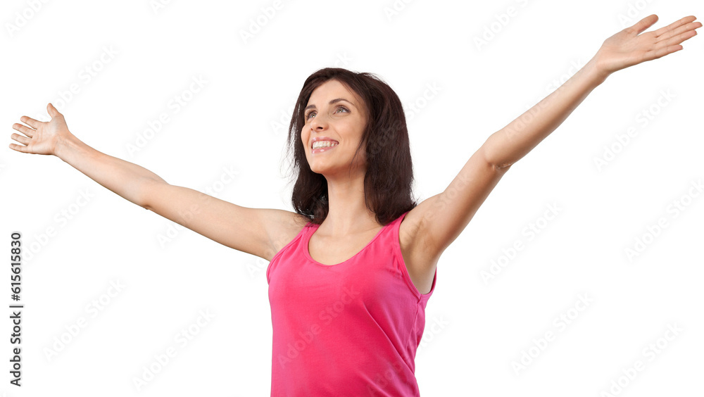 Happy Young Woman Standing with Open Arms - Isolated Happy Young Woman Standing with Open Arms - Isolated