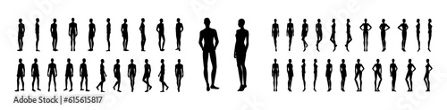 Silhouette of Women and men set body standing and walking fashion Illustration. Flat male and female character collection front, back view boy, girl. Human slim lady Gentlemen infographic template photo