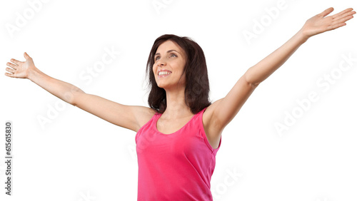 Happy Young Woman Standing with Open Arms - Isolated