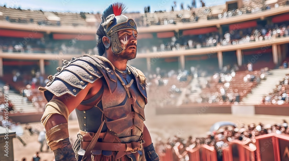 a ferocious gladiator wearing armored Roman gladiator at the Ancient Rome gladiatorial games in the coliseum