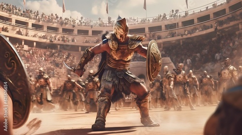 a ferocious gladiator wearing armored Roman gladiator at the Ancient Rome gladiatorial games in the coliseum © Salsabila Ariadina