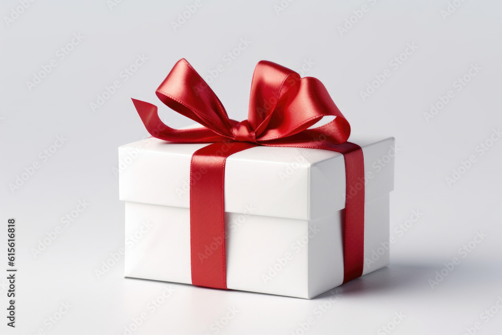 Fototapeta premium White gift box with red ribbon on white background Generative AI