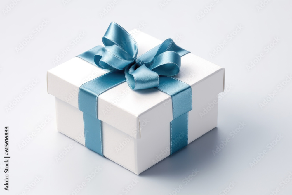 White gift box with blue ribbon on white background Generative AI White gift box with blue ribbon on white background Generative AI