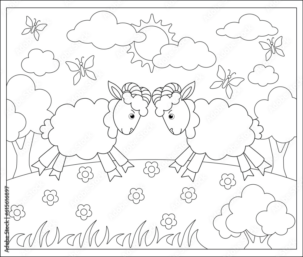 Two rams butt heads in a meadow - a vector linear picture for coloring. Outline. Sheep fight among themselves in the background of the landscape. Trees, bushes and grass, sky Two rams butt heads in a meadow - a vector linear picture for coloring. Outline. Sheep fight among themselves in the background of the landscape. Trees, bushes and grass, sky