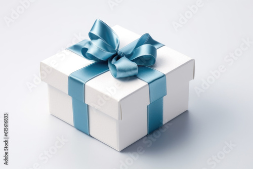 White gift box with blue ribbon on white background Generative AI