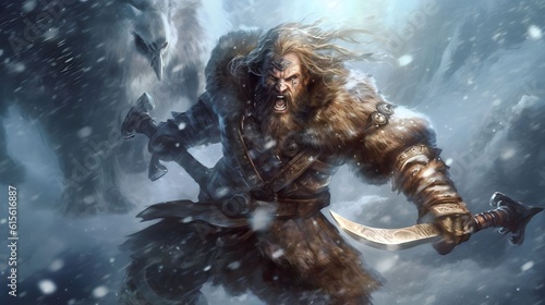 a fierce viking attacking in combat wielding a sword charging towards his enemy at winter scandinavia