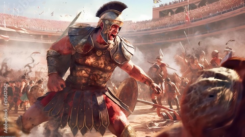 a fierce gladiator attacking. An armoured roman gladiator in combat wielding a sword charging towards his enemy. Ancient Rome gladiatoral games in coliseum © Salsabila Ariadina