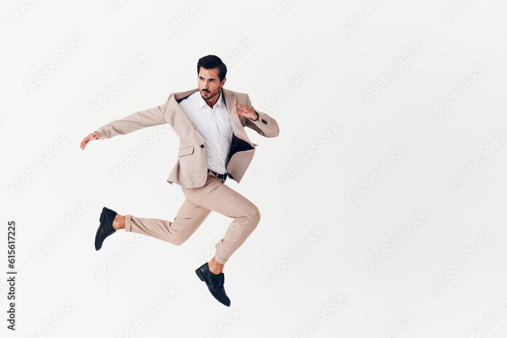 man running winner suit business beige smiling businessman victory sexy happy