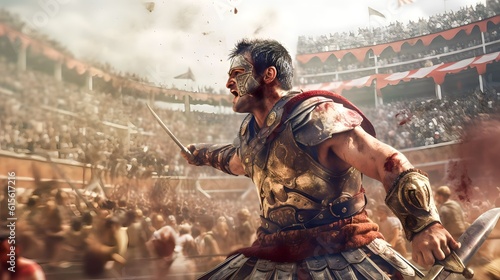 a fierce gladiator attacking. An armoured roman gladiator in combat wielding a sword charging towards his enemy. Ancient Rome gladiatoral games in coliseum