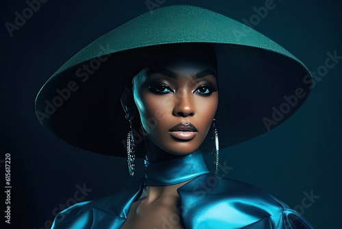 a woman wearing a blue dress and hat with her hair in the shape of a face, she is looking directly into the camera