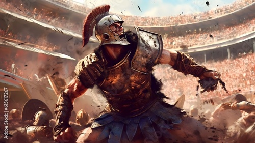 a fierce gladiator attacking. An armoured roman gladiator in combat wielding a sword charging towards his enemy. Ancient Rome gladiatoral games in coliseum photo