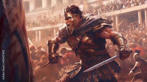 a fierce gladiator attacking. An armoured roman gladiator in combat wielding a sword charging towards his enemy. Ancient Rome gladiatoral games in coliseum photo