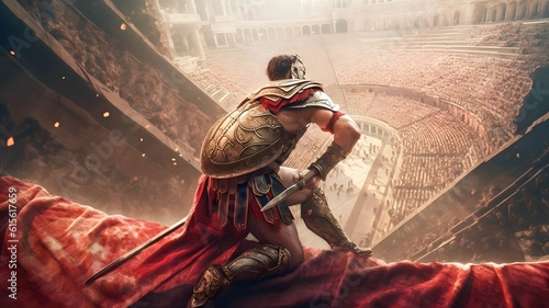 a fierce gladiator attacking. An armoured roman gladiator in combat wielding a sword charging towards his enemy. Ancient Rome gladiatoral games in coliseum photo