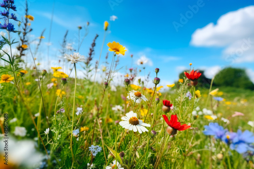 Wild flowers meadow with sky in background  generative ai