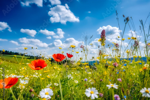 Wild flowers meadow with sky in background  generative ai