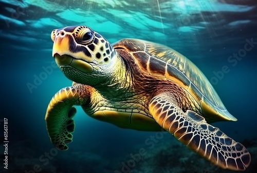 An illustration of a sea turtle swimming over coral reefs. Created with Generative AI technology