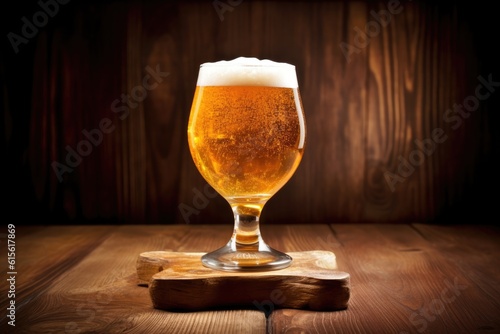 glass with beer on a wooden table. AI generated.