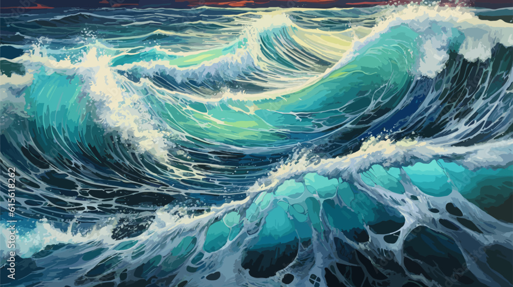 Big wave in a raging sea. A strong storm in the ocean. Big waves. Blue tones. The power of raging nature. Seascape, artwork. Vector illustration design