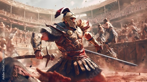 a fierce gladiator attacking. An armoured roman gladiator in combat wielding a sword charging towards his enemy. Ancient Rome gladiatoral games in coliseum photo