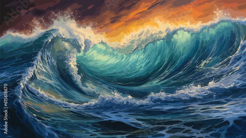 Big wave in a raging sea. A strong storm in the ocean. Big waves. Blue tones. The power of raging nature. Seascape, artwork. Vector illustration design
