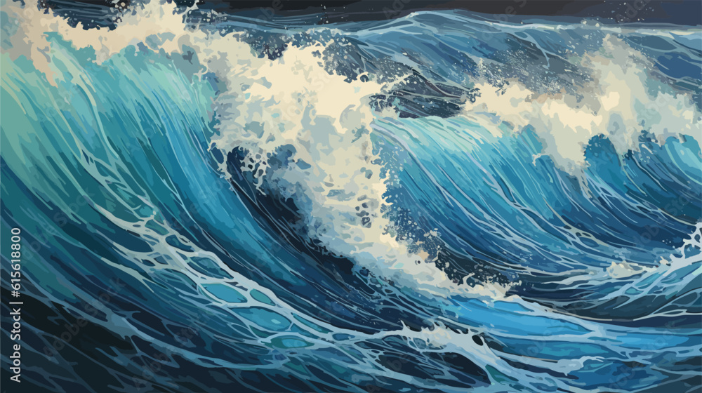 Big wave in a raging sea. A strong storm in the ocean. Big waves. Blue tones. The power of raging nature. Seascape, artwork. Vector illustration design