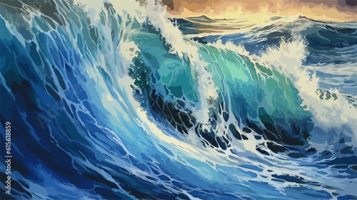 Big wave in a raging sea. A strong storm in the ocean. Big waves. Blue tones. The power of raging nature. Seascape, artwork. Vector illustration design