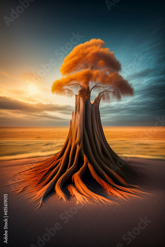 Virtual fantasy tree in the middle of a desert at sunset