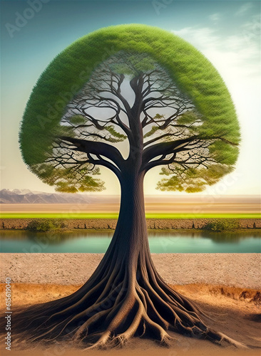 Artificially generated tree with long trunk and free branches in front of a river
