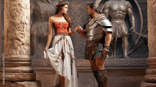 a gladiator in armored Roman gladiator with a very beautiful queen using white less dress Tempt in Ancient Rome palace