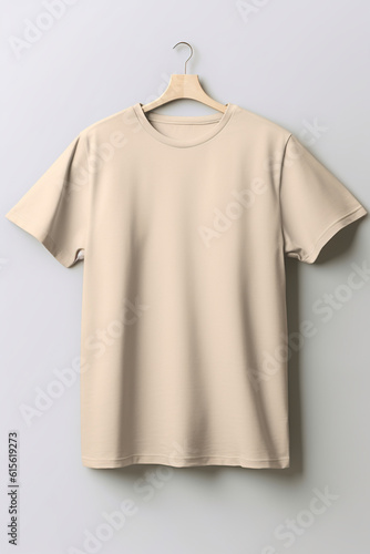 Awesome beige crewneck T-Shirt mockup on neutral background. Plain black tshirt for your design, front view. Generative AI.