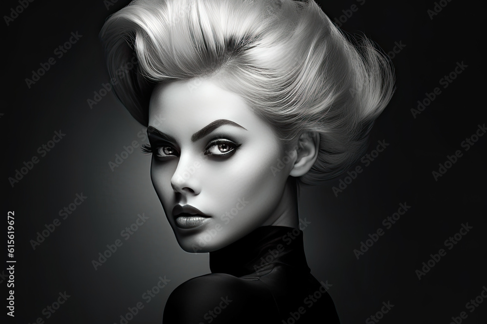 a woman in black and white with her hair styled into a high - low bun, she is looking at the camera a woman in black and white with her hair styled into a high - low bun, she is looking at the camera