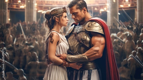 a gladiator in armored Roman gladiator with a very beautiful queen using white less dress Tempt in Ancient Rome palace