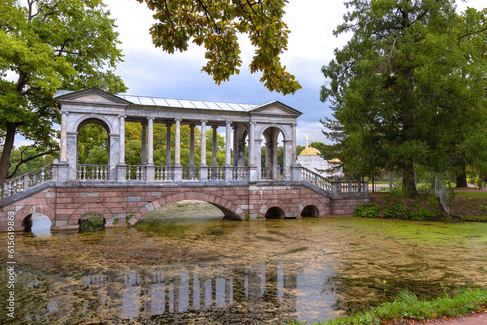 Marble Bridge and Turkish Bath pavilion in Catherine Park, Tsarskoe Selo, Saint Petersburg