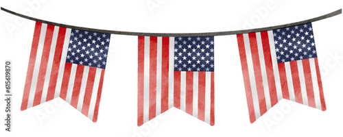 Hand painted hanging USA flag  in blue, white, red color  watercolor  brush paint isolate on white background.4th of July. Vector illustration. 