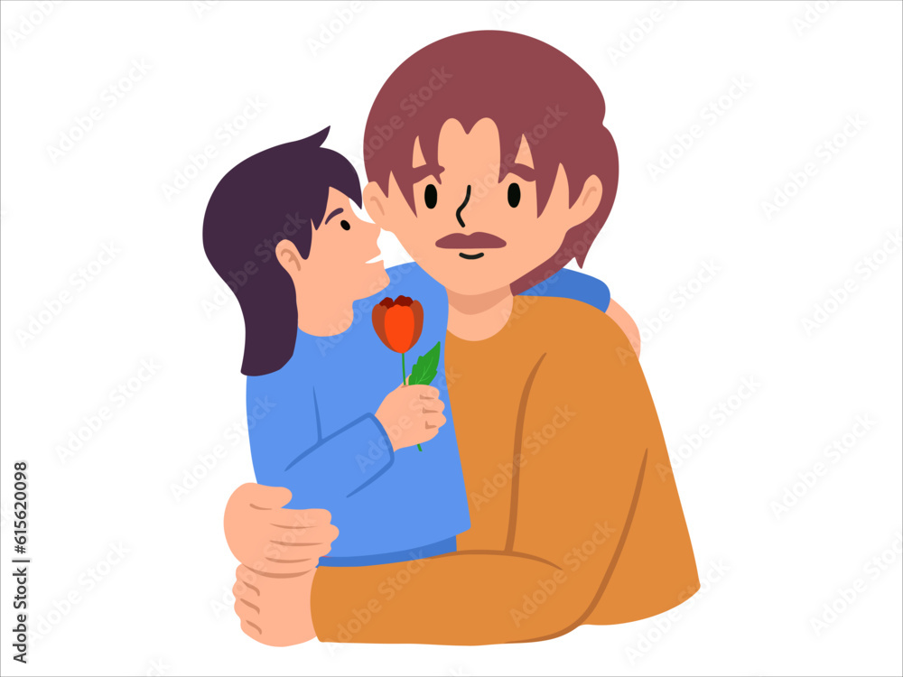 Hand drawn Daughter gives Father flower illustration Hand drawn Daughter gives Father flower illustration