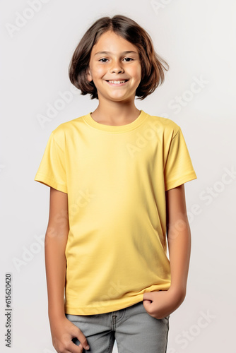 Light yellow t-shirt mockup for teens and young adults. AI generative model wearing blank tshirt with space for your design, lettering or logo.