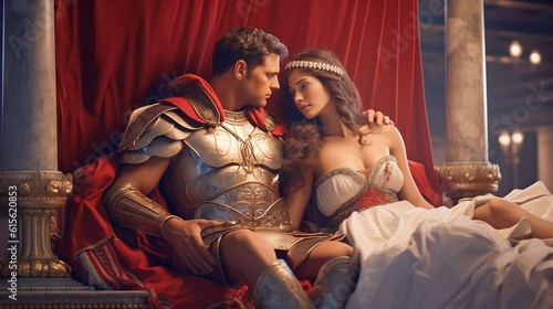 Fotografia a gladiator in armored Roman gladiator with a very beautiful queen using white l