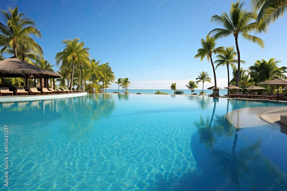 Enjoy the ocean view in a pool with clear clean water under palm trees on vacation, AI generative travel background Enjoy the ocean view in a pool with clear clean water under palm trees on vacation, AI generative travel background